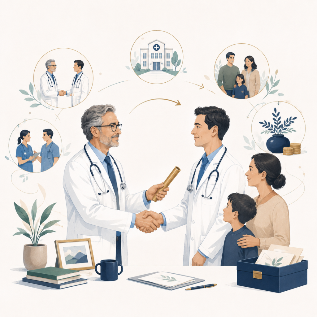 Médecin libéral préparant sa cessation d’activité, la transmission de son patrimoine et le passage de relais professionnel.