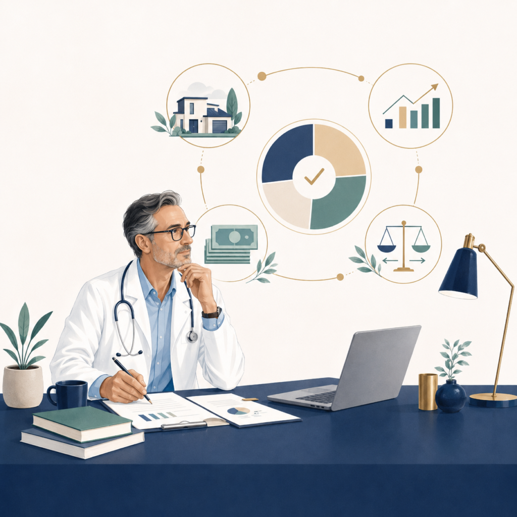 Médecin libéral analysant la répartition de son patrimoine entre immobilier, placements financiers et liquidités.