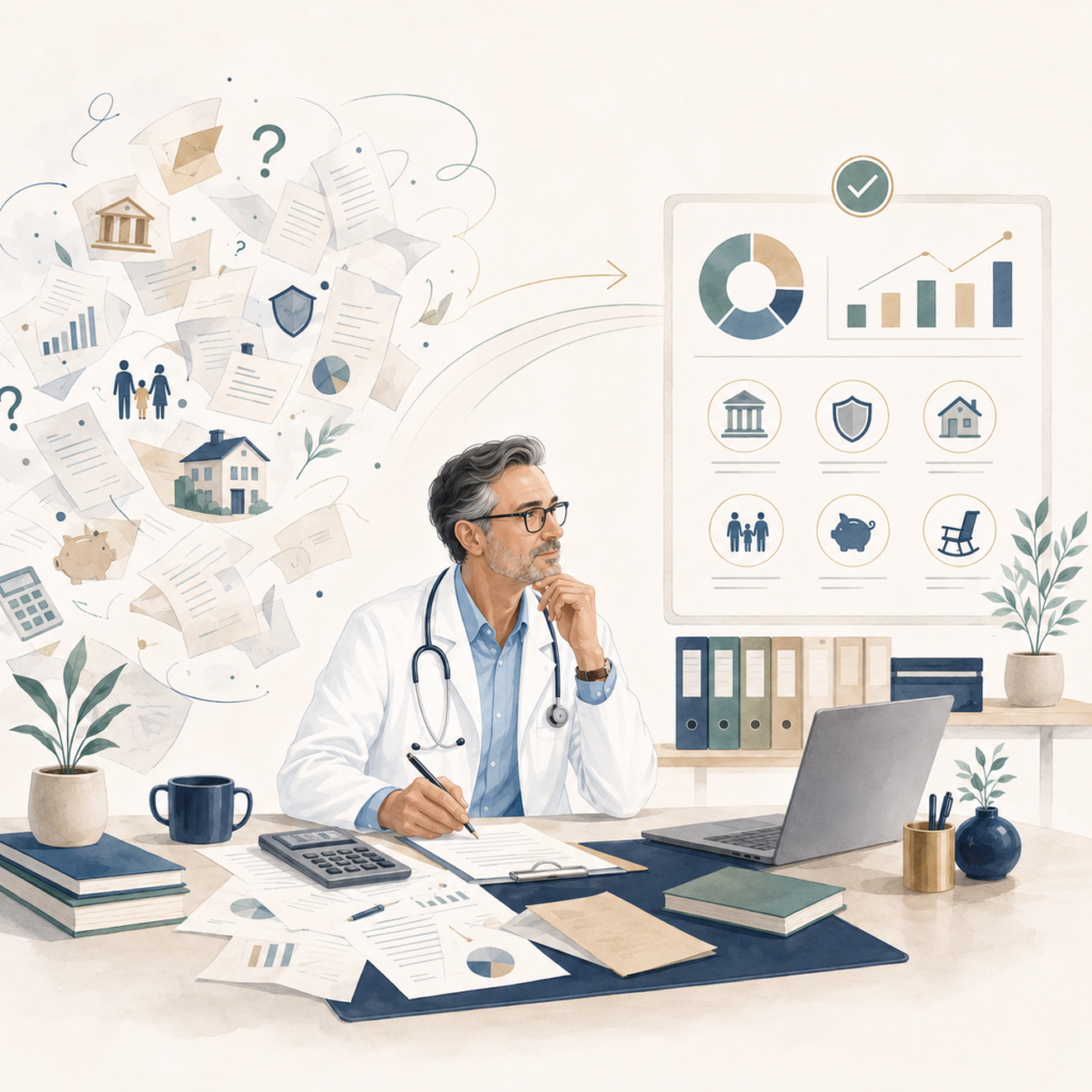 Médecin libéral organisant ses différents enjeux patrimoniaux en une stratégie globale et cohérente.
