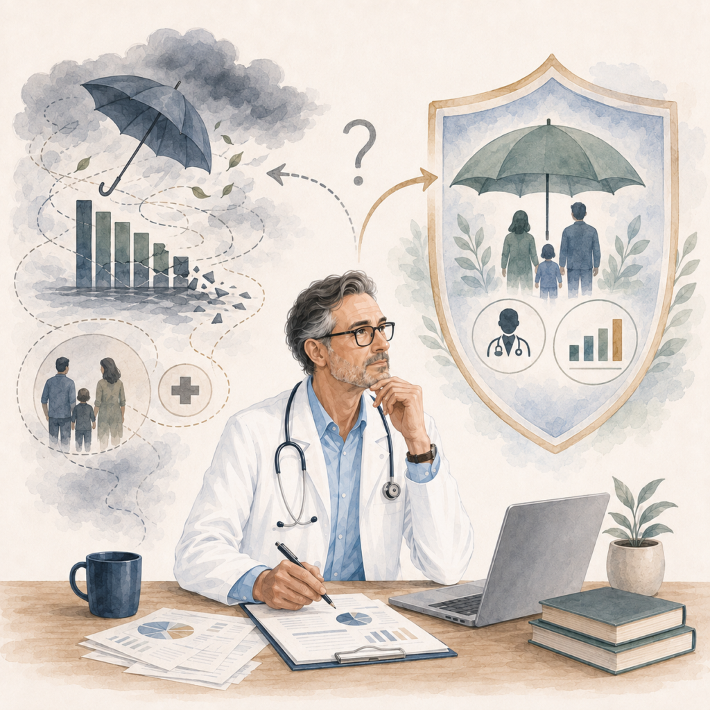 Médecin libéral analysant la protection de ses revenus et de sa famille face aux risques d’arrêt de travail ou d’invalidité