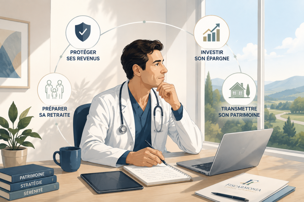 Médecin libéral préparant sa stratégie patrimoniale avec Fiscarmonia