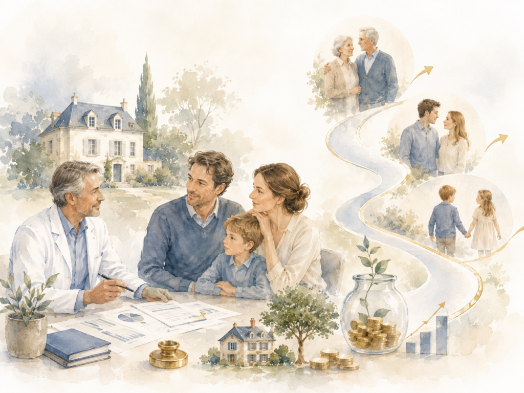 Famille accompagnée dans l’organisation progressive de la transmission d’un patrimoine immobilier et financier