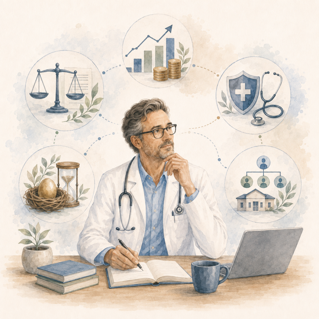 Médecin libéral analysant les principaux éléments de sa situation professionnelle et patrimoniale : revenus, fiscalité, protection sociale, retraite et mode d’exercice